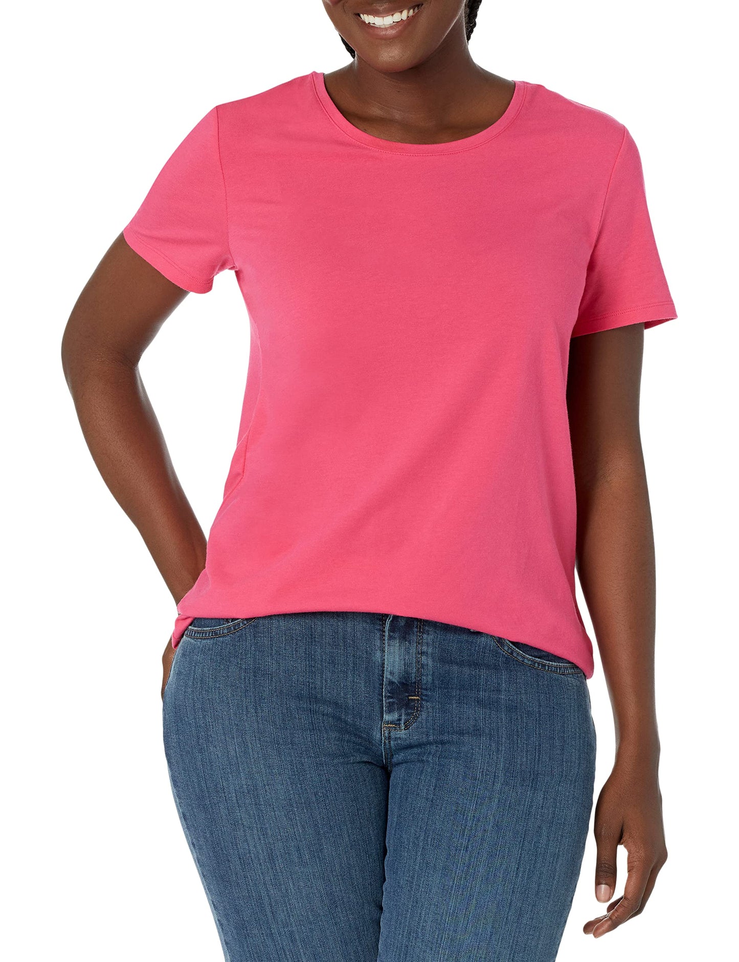 Amazon Essentials Women's Classic-Fit Short-Sleeve Crewneck T-Shirt, Pack of 2, Bright Pink/White, X-Small