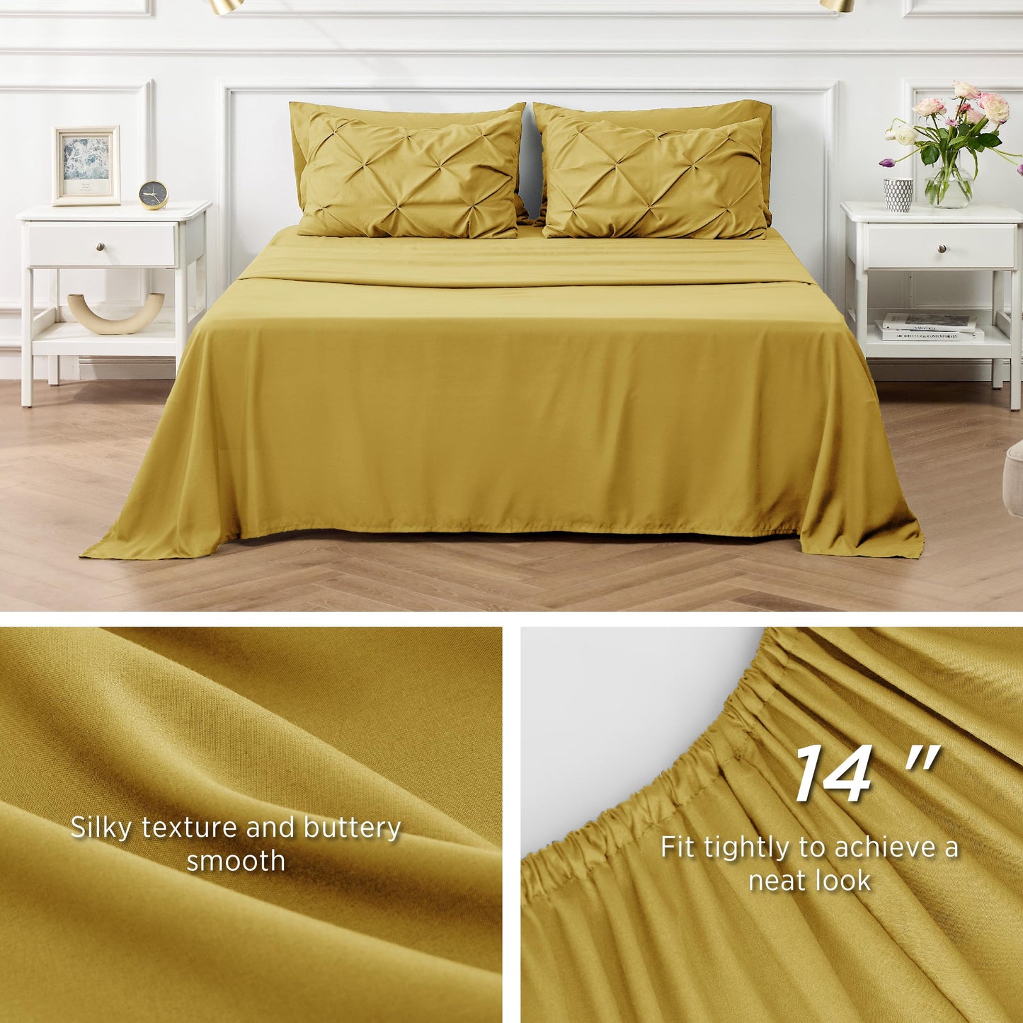 Bedsure Twin Comforter Set with Sheets - 5 Pieces Twin Bedding Sets, Pinch Pleat Mustard Yellow Twin Bed in a Bag with Comforter, Sheets, Pillowcase & Sham