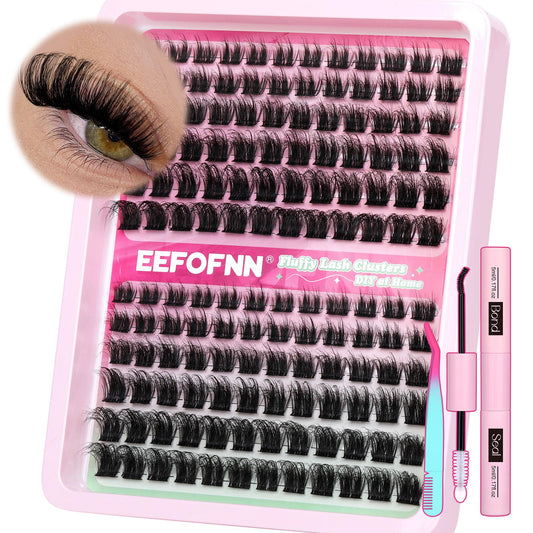 Eefofnn DIY Lash Extension Kit Fluffy Volume Individual Eyelashes D Curl Mink Lash Clusters with Lash Glue Bond and Seal Tweezers 10-20mm Thick Eyelash Extensions Kit DIY at Home