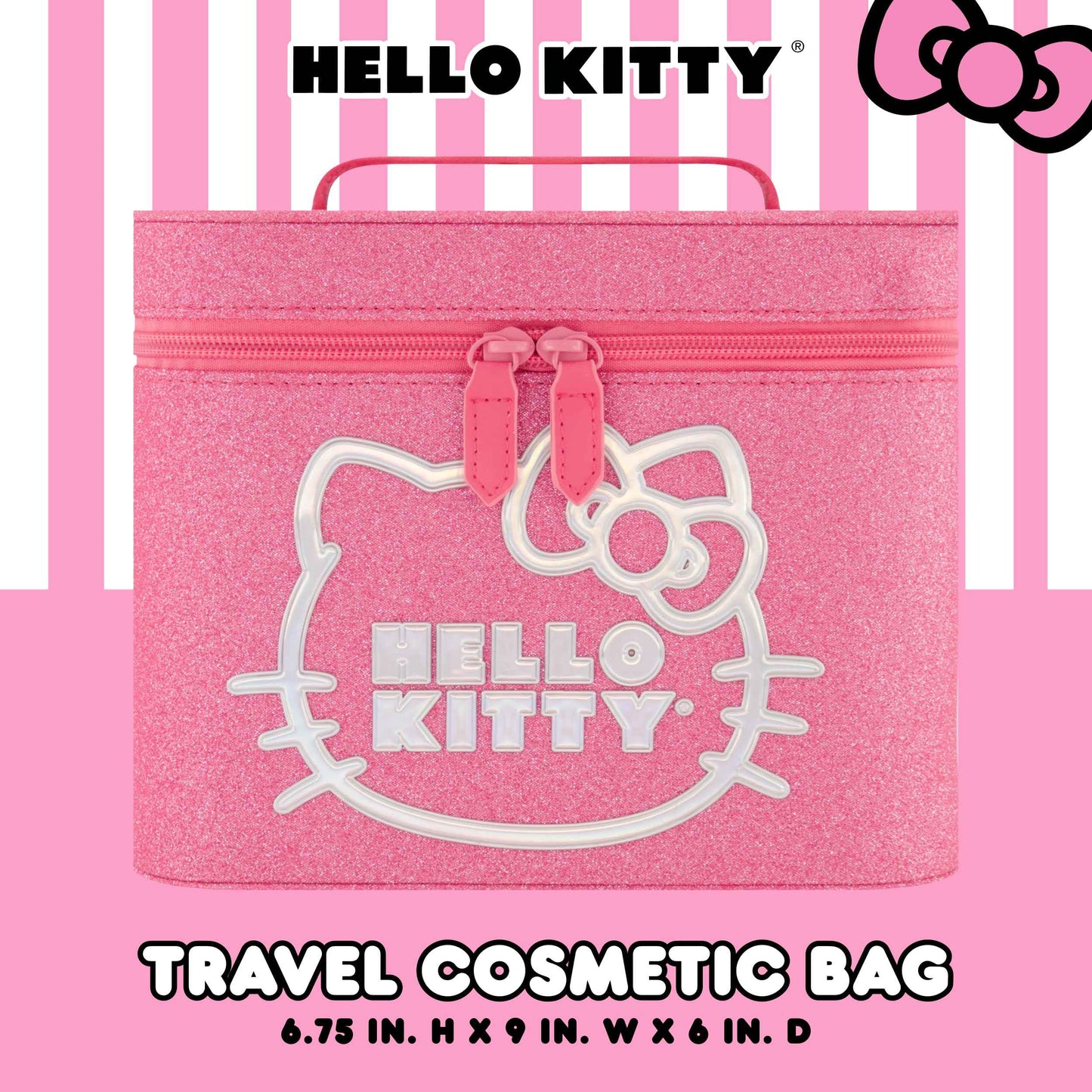 Hello Kitty Large Cosmetic Travel Case Organizer, Portable Makeup Box with Mirror and Dual Zipper, Pink