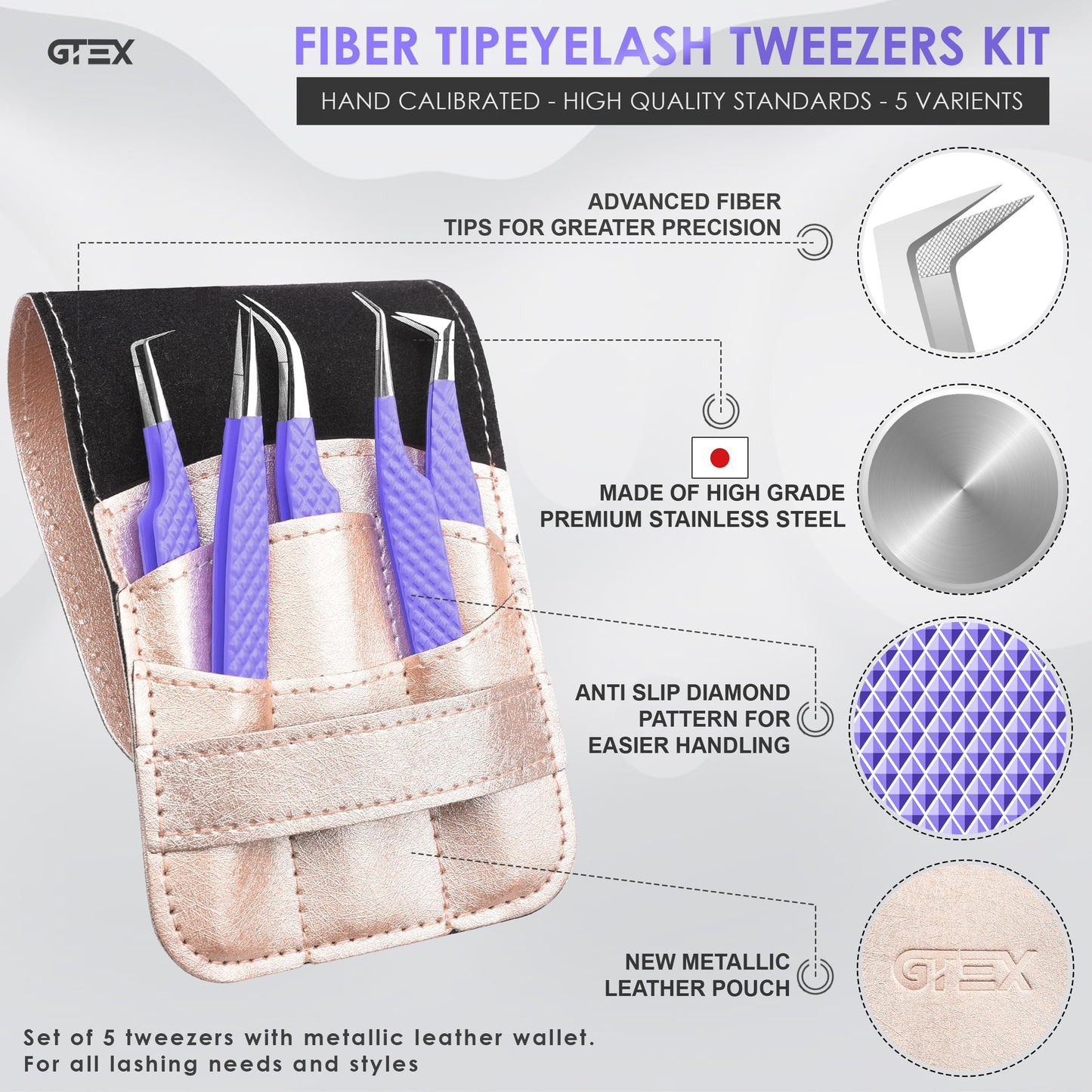 GTEX Fiber Tip Lash Tweezers For Eyelash Extension Tweezers Set of 5, Professional Eyelash Tweezers For Lash Extensions - 90 45 Degree Curved Volume Lash Tweezer Purple