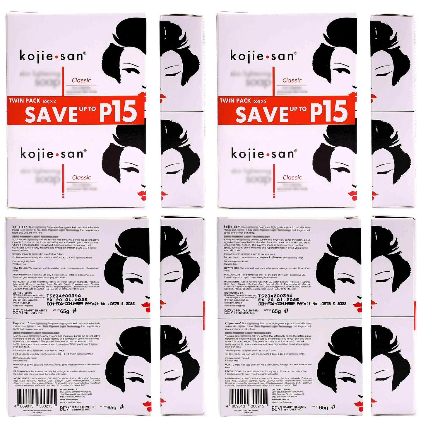 Kojie San Skin Brightening Soap - Original Kojic Acid, Dark Spot Remover Bar Soap with Coconut & Tea Tree Oil – 65g x 4 Bars