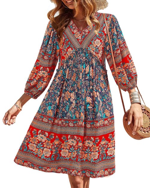 BTFBM Women Casual Spring Summer Dresses V Neck 3/4 Long Sleeve Ruffle Floral Flowy Boho Babydoll Mini Beach Dress(Floral Blue, Small)