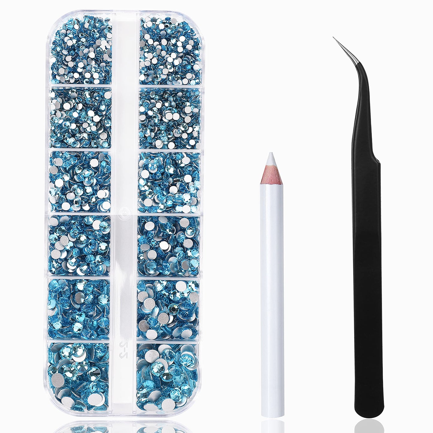 2400 Pcs Flatback Gems Rhinestones Round Crystal Nail Gems 6 Sizes (1.5-4.8 mm) Nail Jewels Glass Diamonds Stones Kit with Tweezers and Picking Pen, for Nail Art DIY Craft Eye Makeup (Aquamarine)