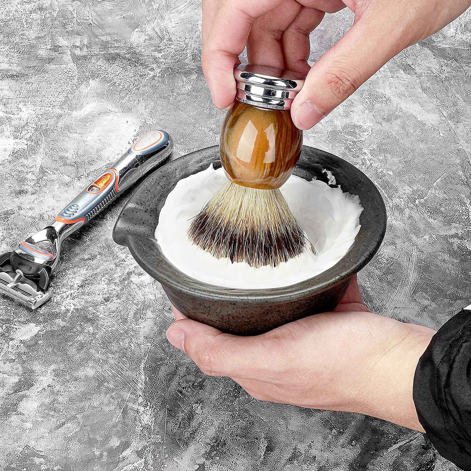 Linkidea Inside Rough Ceramic Texture Shaving Bowl, Shaving Soap Lather Cup for Men, Beard Wet Razor Shave Cream Bowl (Black)