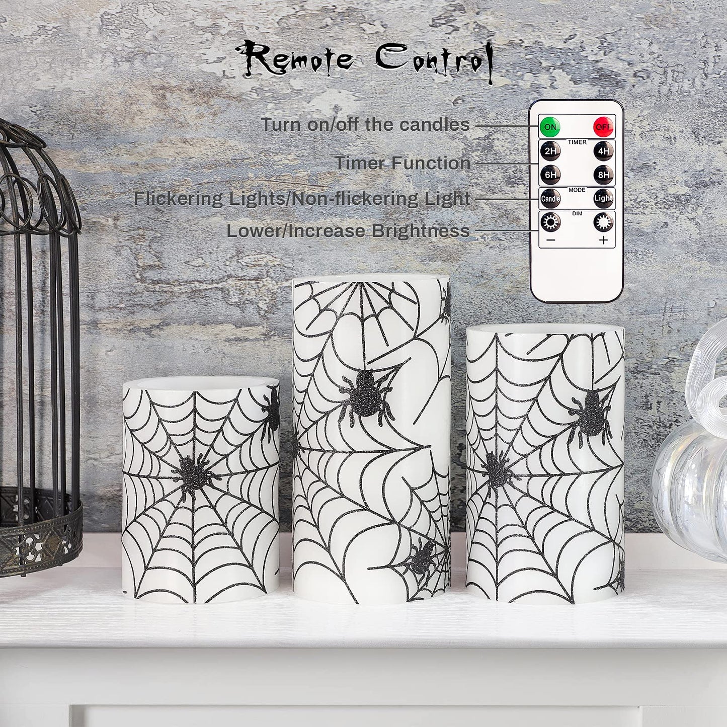 REVELBUNNY Halloween Flameless Candles, Spider Web Decal LED Flickering Candles with Remote Timer, Battery Operated Real Wax Pillar Candle for Halloween Home Party Spooky Decoration, Set of 3