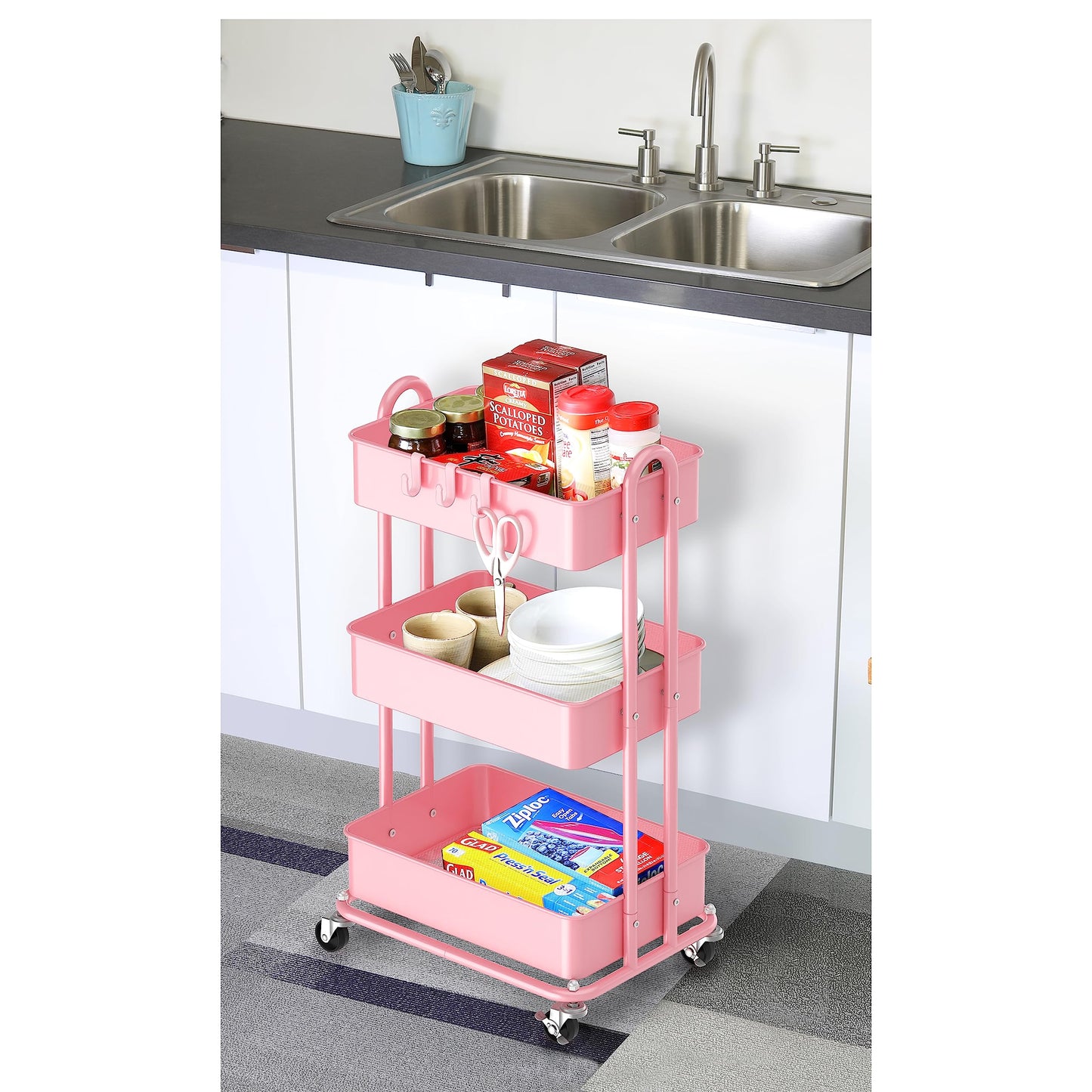 Simple Houseware Heavy Duty 3-Tier Metal Utility Rolling Cart, Pink