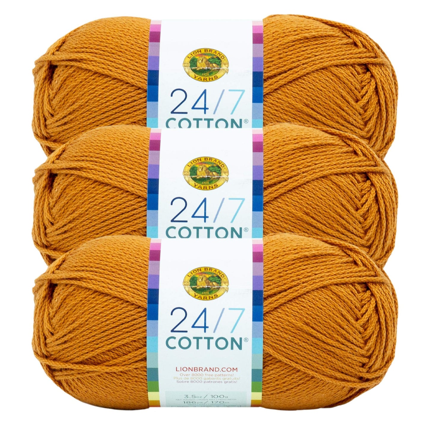 Lion Brand 24/7 Cotton Yarn, Lightweight Yarn for Knitting, Crocheting, and Crafts, Hay Bale, 3 Pack