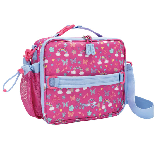 Bentgo Kids Lunch Bag - Durable, Double-Insulated Lunch Bag for Kids 3+; Holds Lunch Box, Water Bottle, & Snacks; Easy-Clean Water-Resistant Fabric & Multiple Zip Pockets (Rainbows & Butterflies)