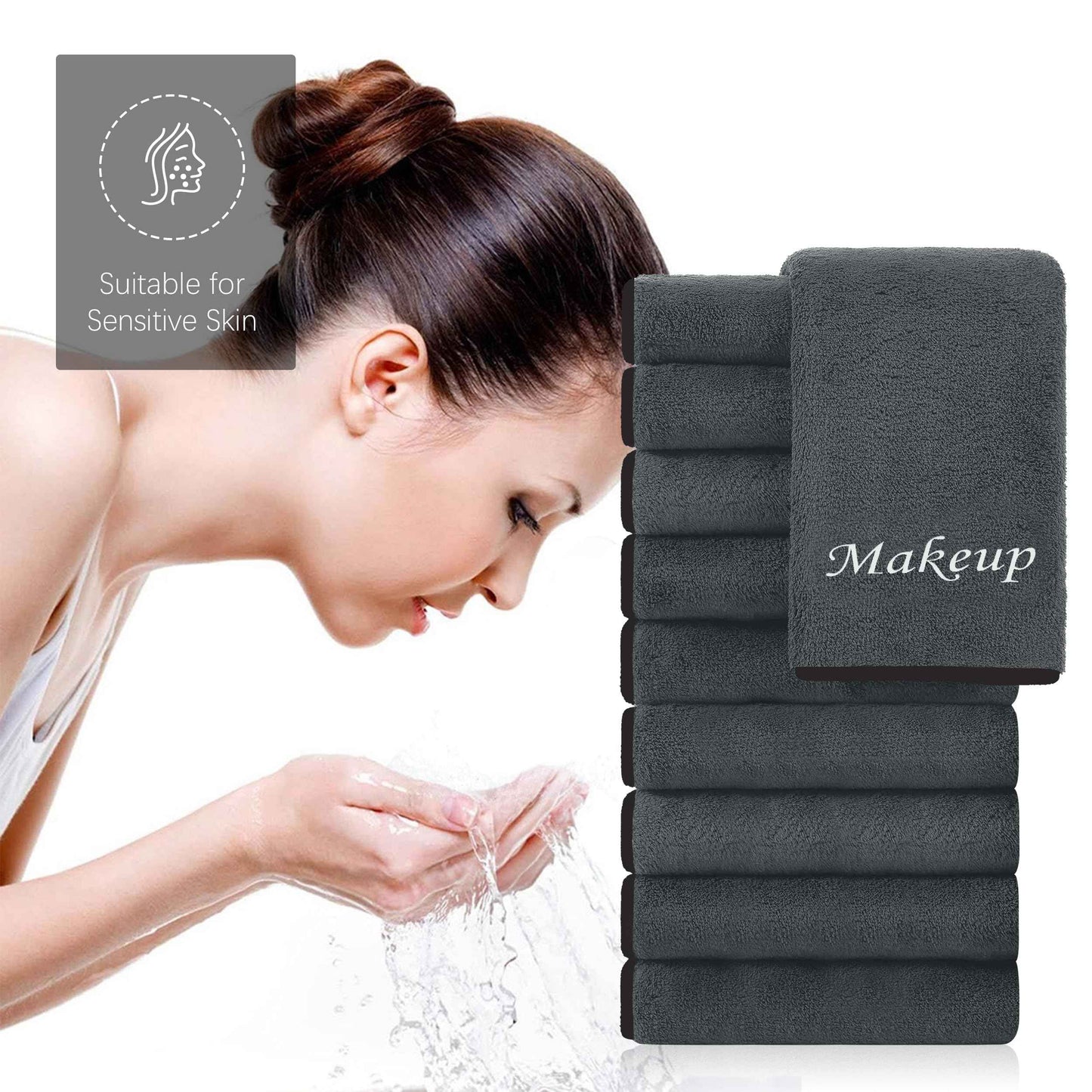 Cosy Family 10 Pack Makeup Remover Wash Cloths - Soft Microfiber Fingertip Facial Cleansing Cloths for Hand and Make Up, 12 x 12 in, Black Grey