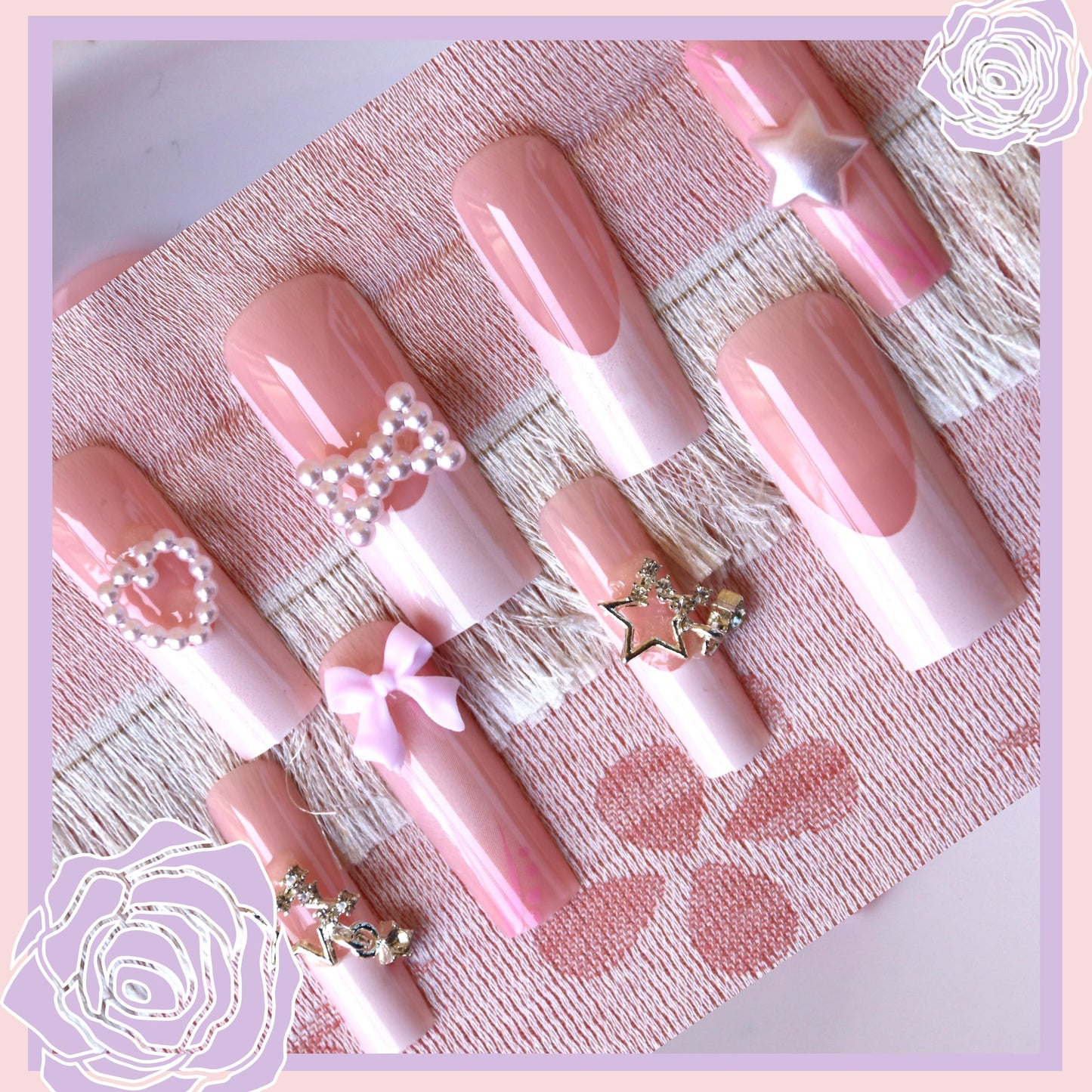 Pink Press on Nails Kit French Tip Nails Press Ones Charms Gems Star Pearl Long Rhinestone Pearl Fake Nails Artificial Coffin Gel Like Glossy 3D Bowknot False Nail Manicure for Women and Girls