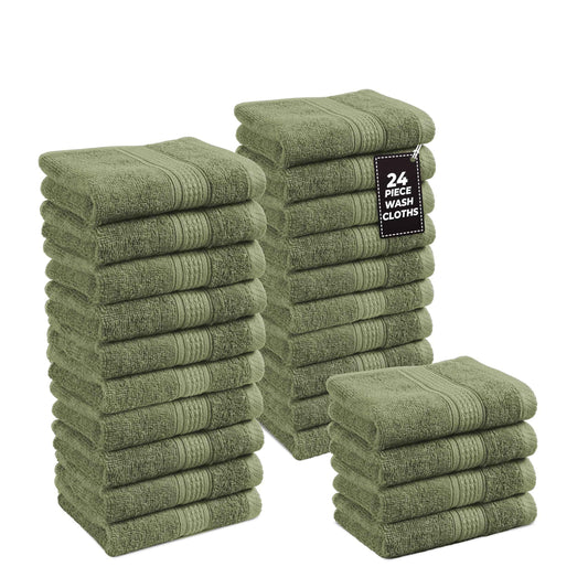 LANE LINEN 100% Cotton Washcloths 24 Pack - Spa & Salon Quality - Ring Spun Cotton Face Cloths - Very Soft & Absorbent Wash Cloths for Body, Beauty, Home, Gym - Fingertip Towels - 13"x13", Oil Green