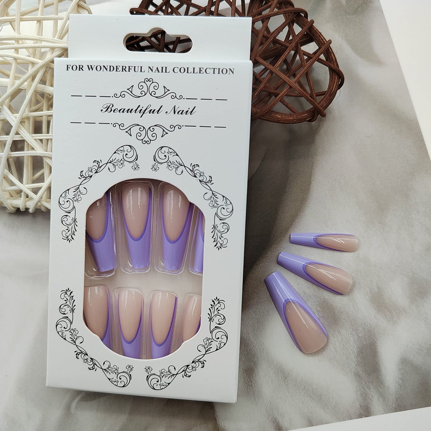 Purple French Tip Press on Nails Long Coffin Fake Nails with Daily Wear Simple Design Full Cover Stick on Nails Glossy False Nails for Women Girls Artificial Acrylic Nails