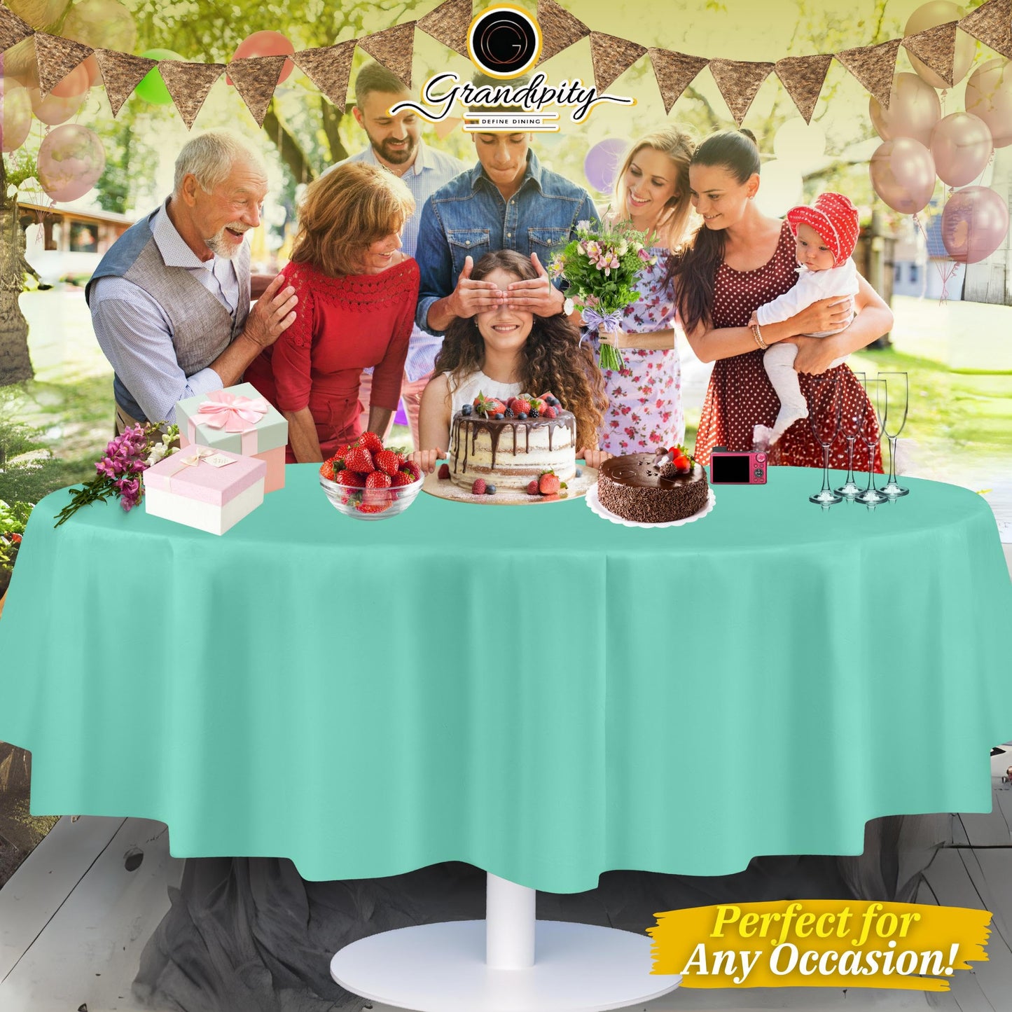 Grandipity Aqua 12 Pack Premium Disposable Plastic Tablecloth 84" Inch Decorative Round Table Cover