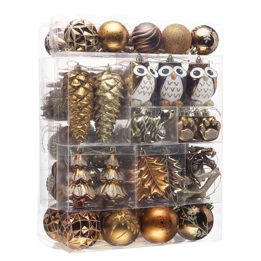 Valery Madelyn Christmas Tree Ornaments Set, 155ct Brown Copper and Gold Shatterproof Christmas Tree Decorations Bulk, Woodland Brown Hanging Ball Ornaments for Thanksgiving Xmas Holiday Decor