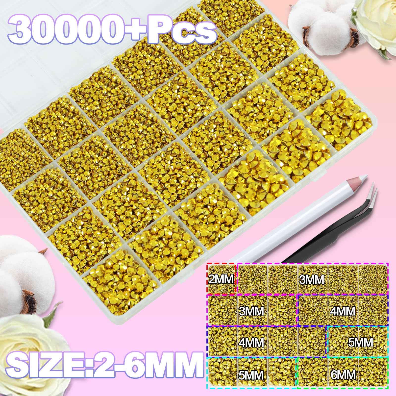 30000+Pcs Resin Jelly Rhinestones for Bedazzling, Gold AB 2-6mm Bedazzler Flatback Gems Kit with 3Pcs 10ml B7000 Jewelry Glue, for Clothing Crafts Tumblers Shoes Book Nail Art