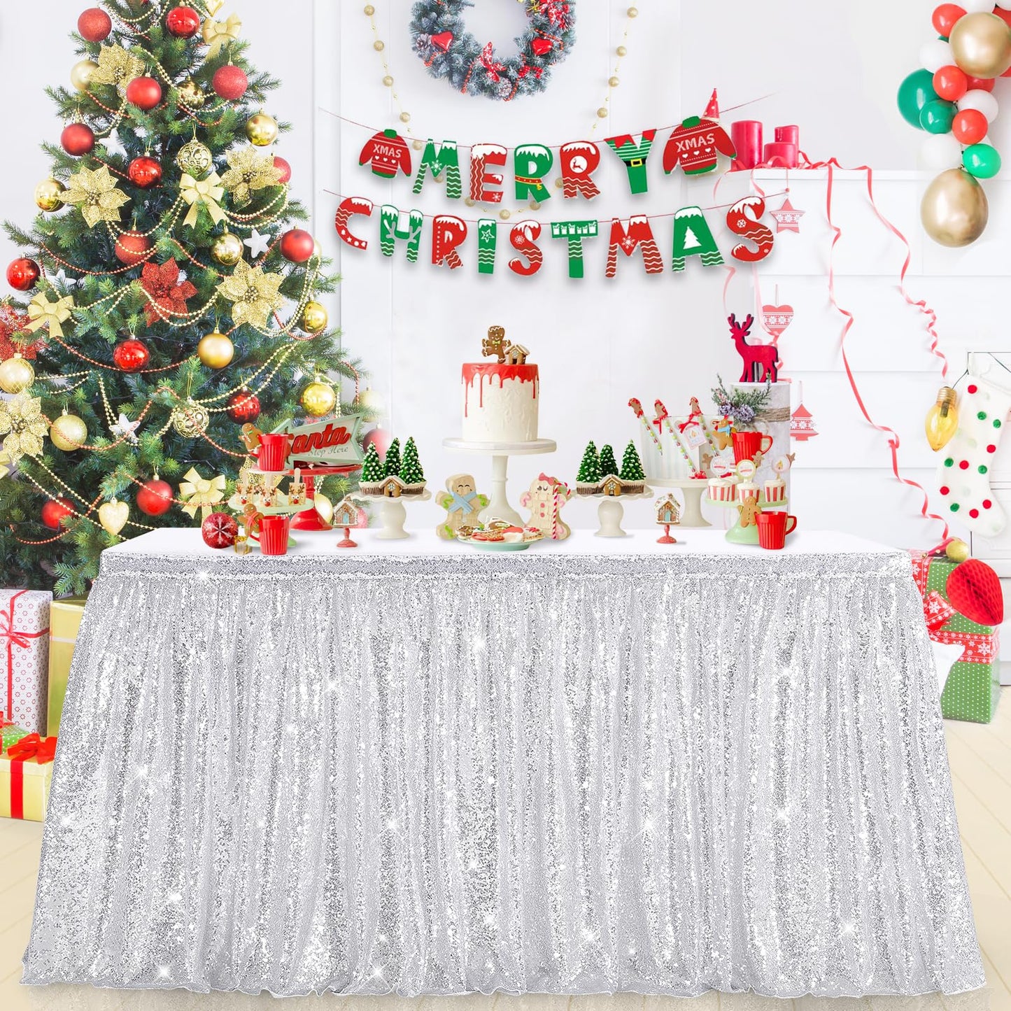 Glitter 14ft Silver Table Skirt for Rectangle Table Sequin Christmas Table Skirt for Party Baby Shower Birthday Dessert Table Exhibition Reception