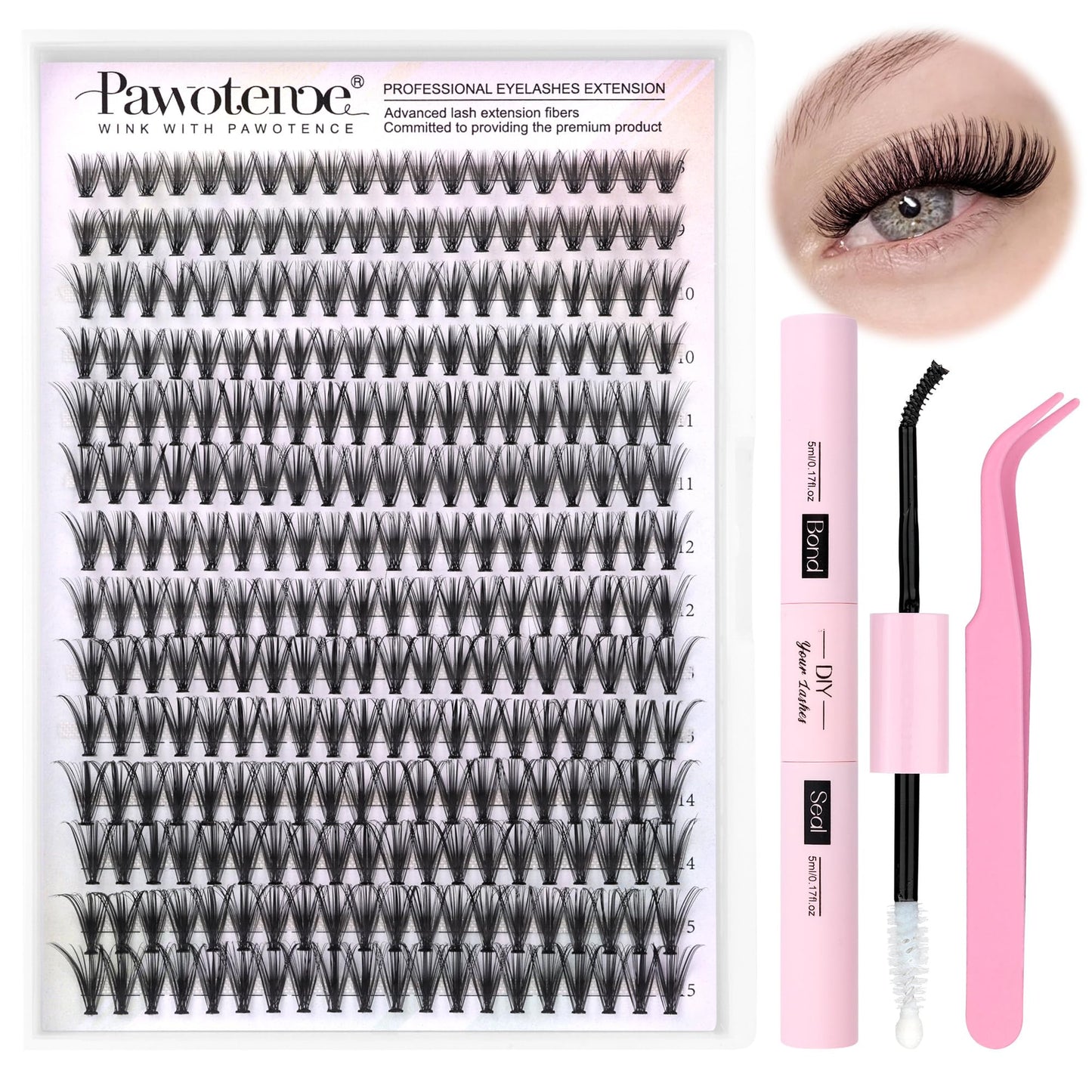 Pawotence Lash Extension Kit DIY 280pcs Individual Lash Clusters Kit 30D Curl 8-15mm Cluster Eyelash Extension Kit with Lash Bond and Seal and Lash Tweezers for Self Application(30D-0.07D-8-15MIX KIT)