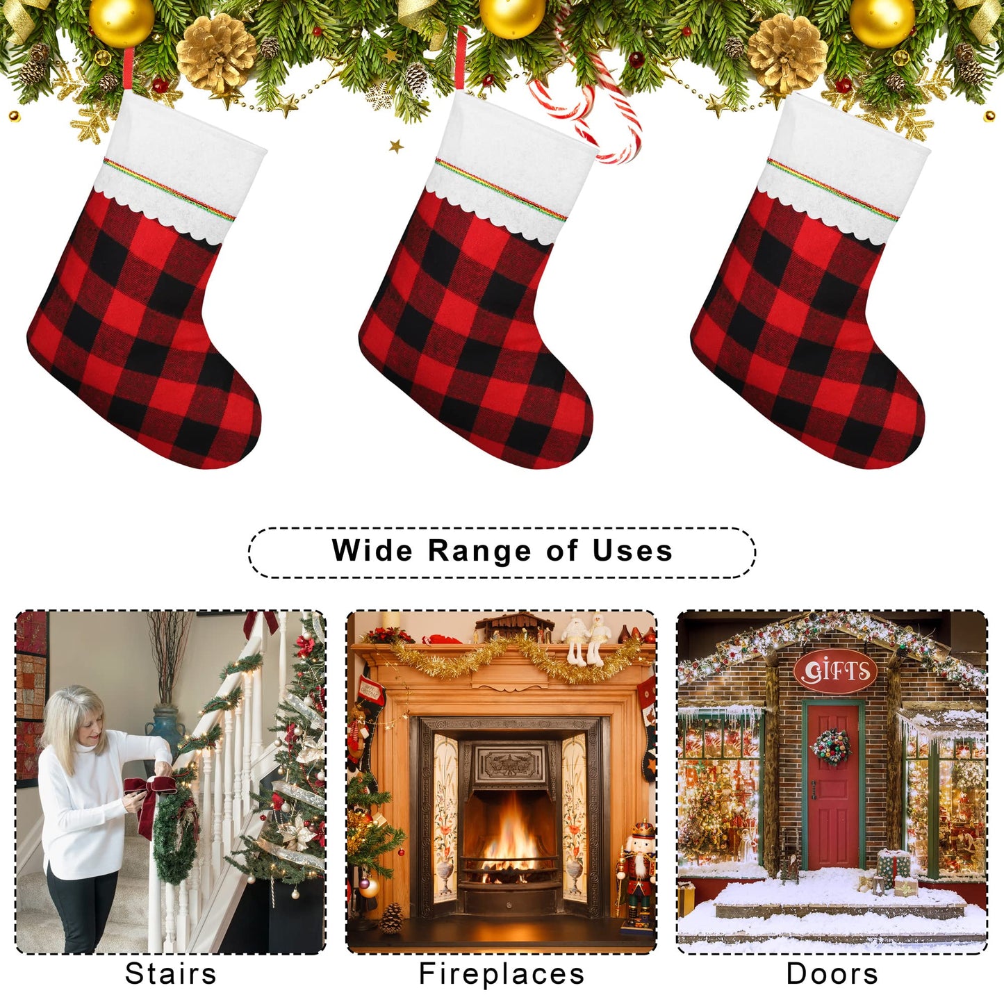 Fovths 16 Pack Christmas Felt Stockings Buffalo Plaid Xmas Stockings 15 Inches Xmas Hanging Stockings Holiday Party Favors Stockings for Christmas Tree Fireplace Decoration (Red and Black)