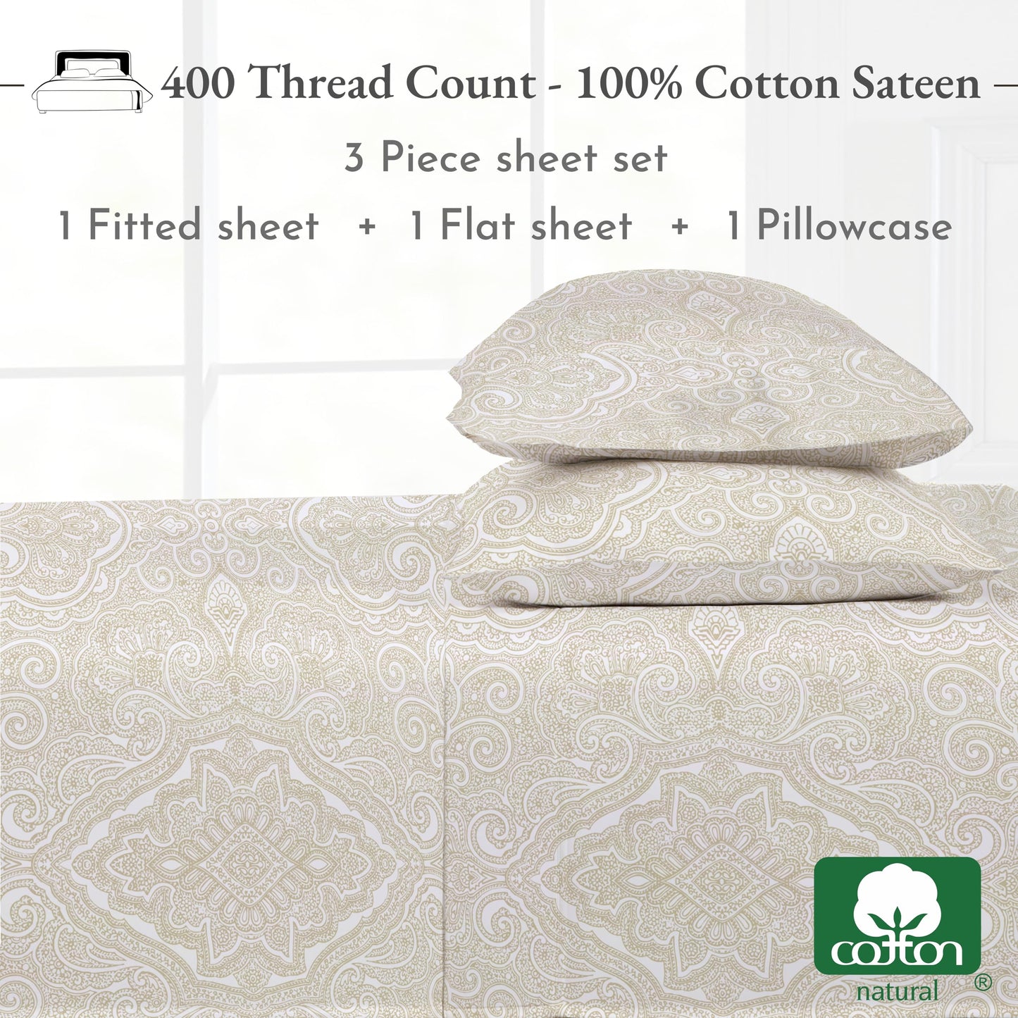 California Design Den Twin Sheet Set Paisley, 400 Thread Count, 100% Cotton Sateen 3 Pc Twin Size Sheets Set, Deep Pocket Sheets & Pillowcase Set - Paisley - Beige