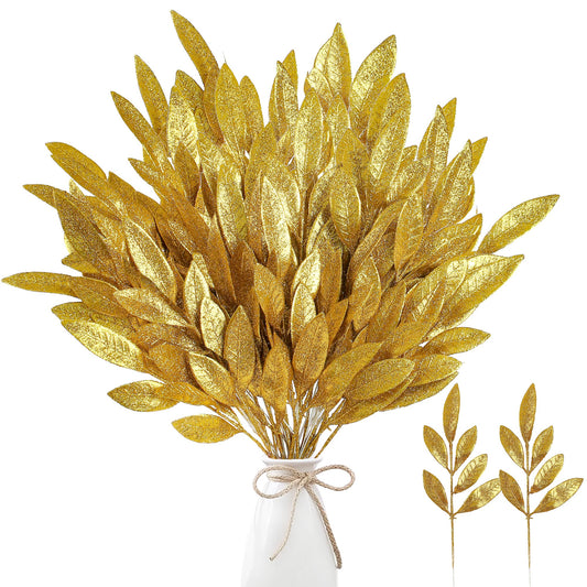 Sggvecsy 40 Pieces Artificial Glitter Leaf Gold Glittered Spray Picks 13’’ Fake Floral Leaf Branches Xmas Decoration for Christmas Tree DIY Wreath Crafts Gift Home Garden Decoration(Gold,40 Pieces)