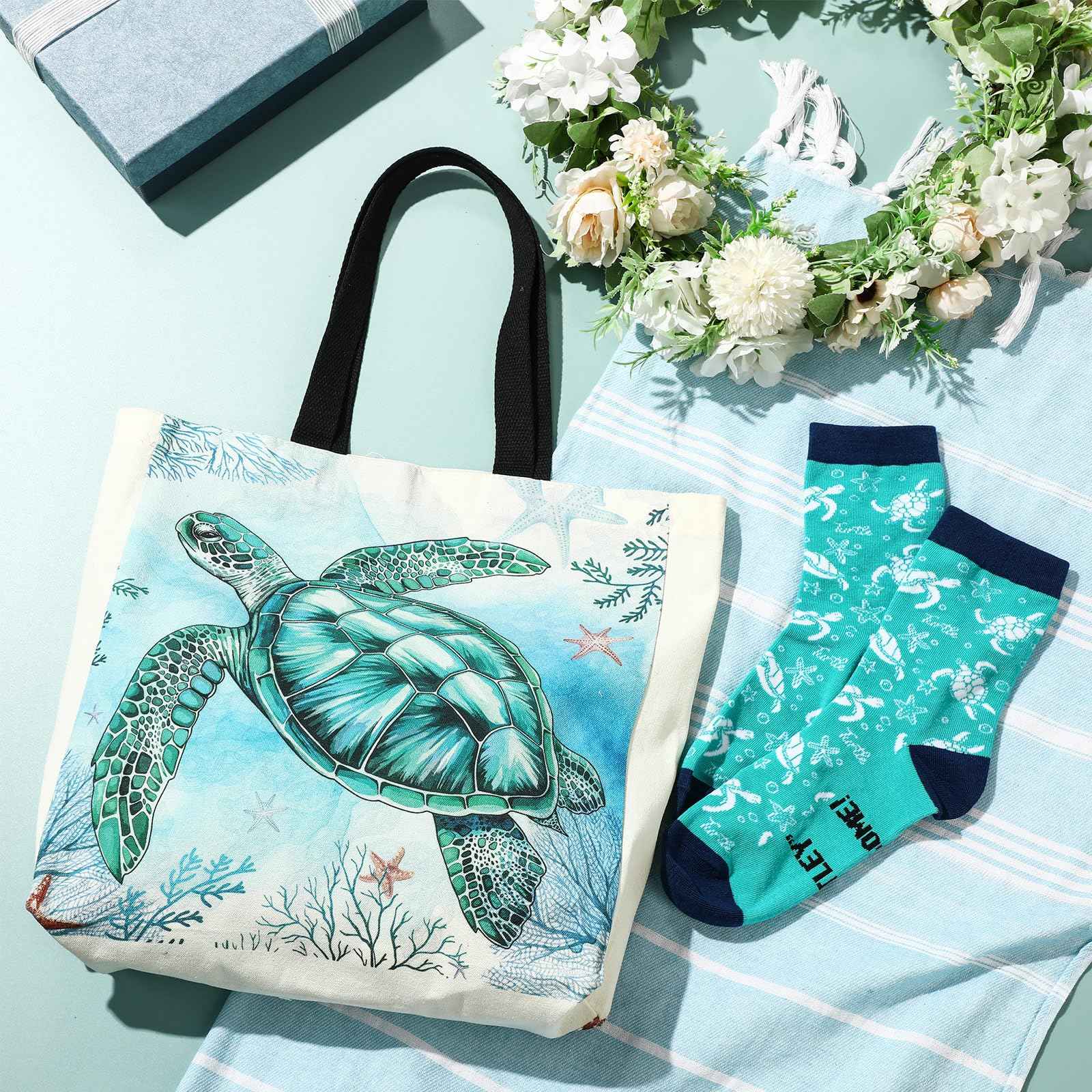 Yeyeplum Sea Turtle Lover Gifts for Women Birthday Gifts Baskets Set Include Canvas Tote Bag, Makeup Bag, Socks, Keychain, Enamel Mug, Small Figurines for Mom, Wife, Sister, Friend
