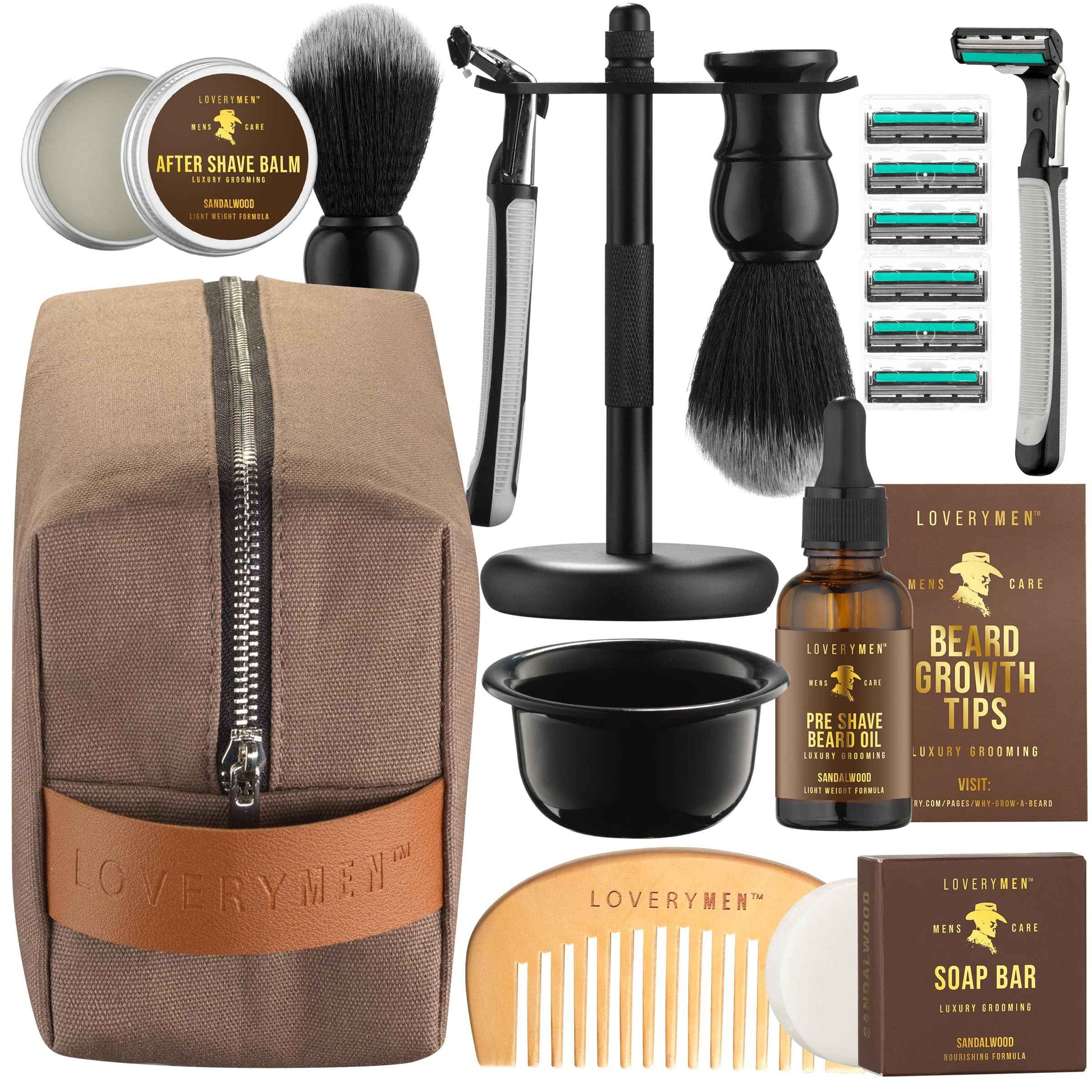 Christmas Gifts for Men, Deluxe Shaving Kit for Men, 17pc Shaving Brush Kit with Double Edge Safety Razor, Razor Blades, Sandalwood Bar Soap, Preshave Beard Oil & More, Mens Beard Kit, Birthday Gift