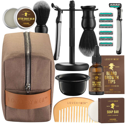 Christmas Gifts for Men, Deluxe Shaving Kit for Men, 17pc Shaving Brush Kit with Double Edge Safety Razor, Razor Blades, Sandalwood Bar Soap, Preshave Beard Oil & More, Mens Beard Kit, Birthday Gift