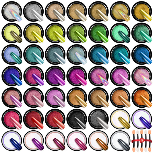 Saviland 48 Colors Chrome Nail Powder Set: Metallic Mirror Effect Chrome Nail Powder for Gel Polish Aurora Holographic Silver Gold Nail Chrome Powder for Gel Nails Art Decoration & French Manicure DIY