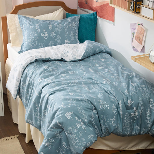 Bedsure Twin/Twin XL Comforter Set Dorm Bedding - Mineral Blue Comforter, Floral Twin/Twin Extra Long Bedding Comforter Set, 2 Pieces, 1 Reversible Botanical Flowers Comforter and 1 Pillow Sham