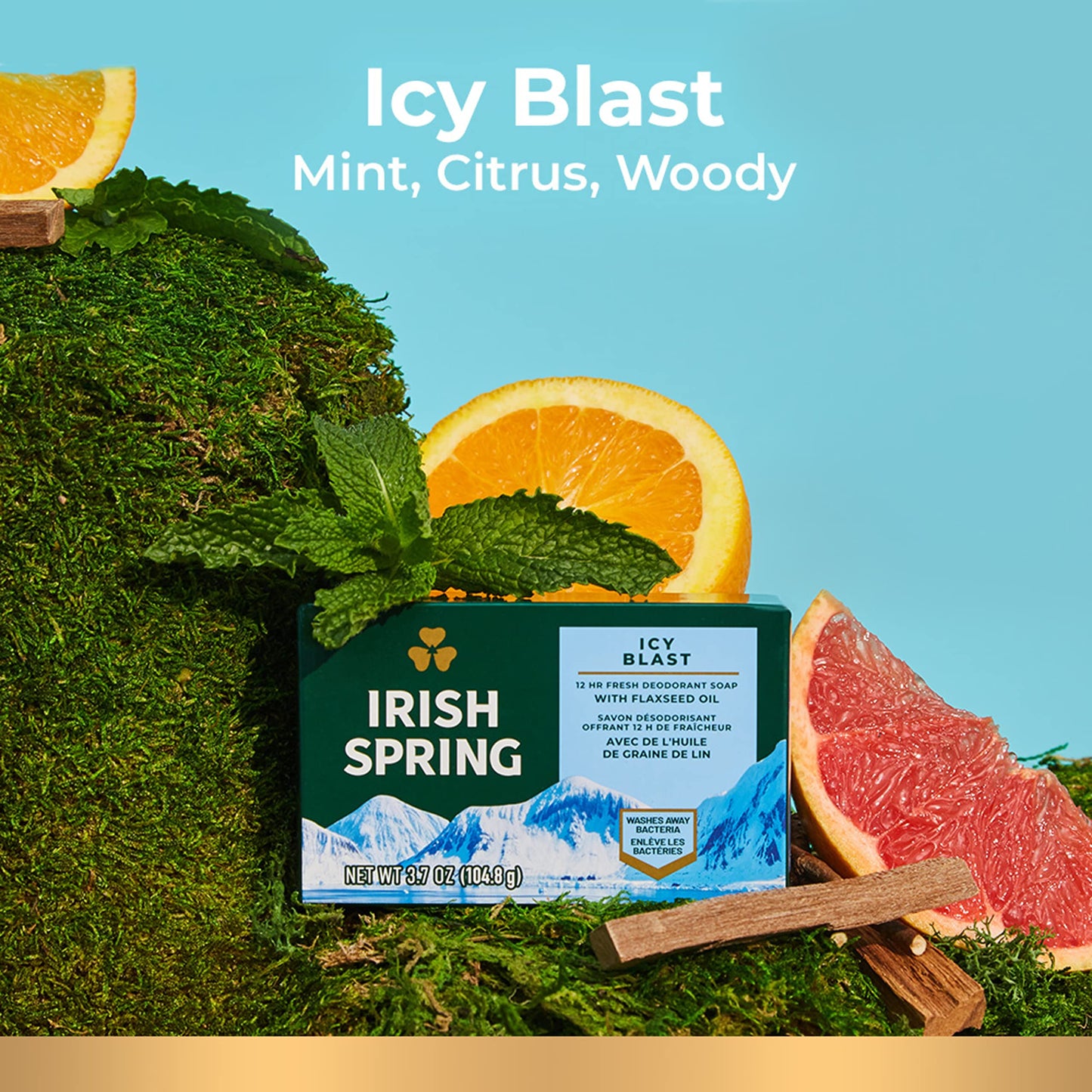 Irish Spring Icy Blast Bar Soap for Men, Mens Soap, Smell Fresh and Clean 12 Hours, Men Bars Washing Hands Body, Mild Skin, Recyclable Carton, 24 Pack, 3.7 Oz