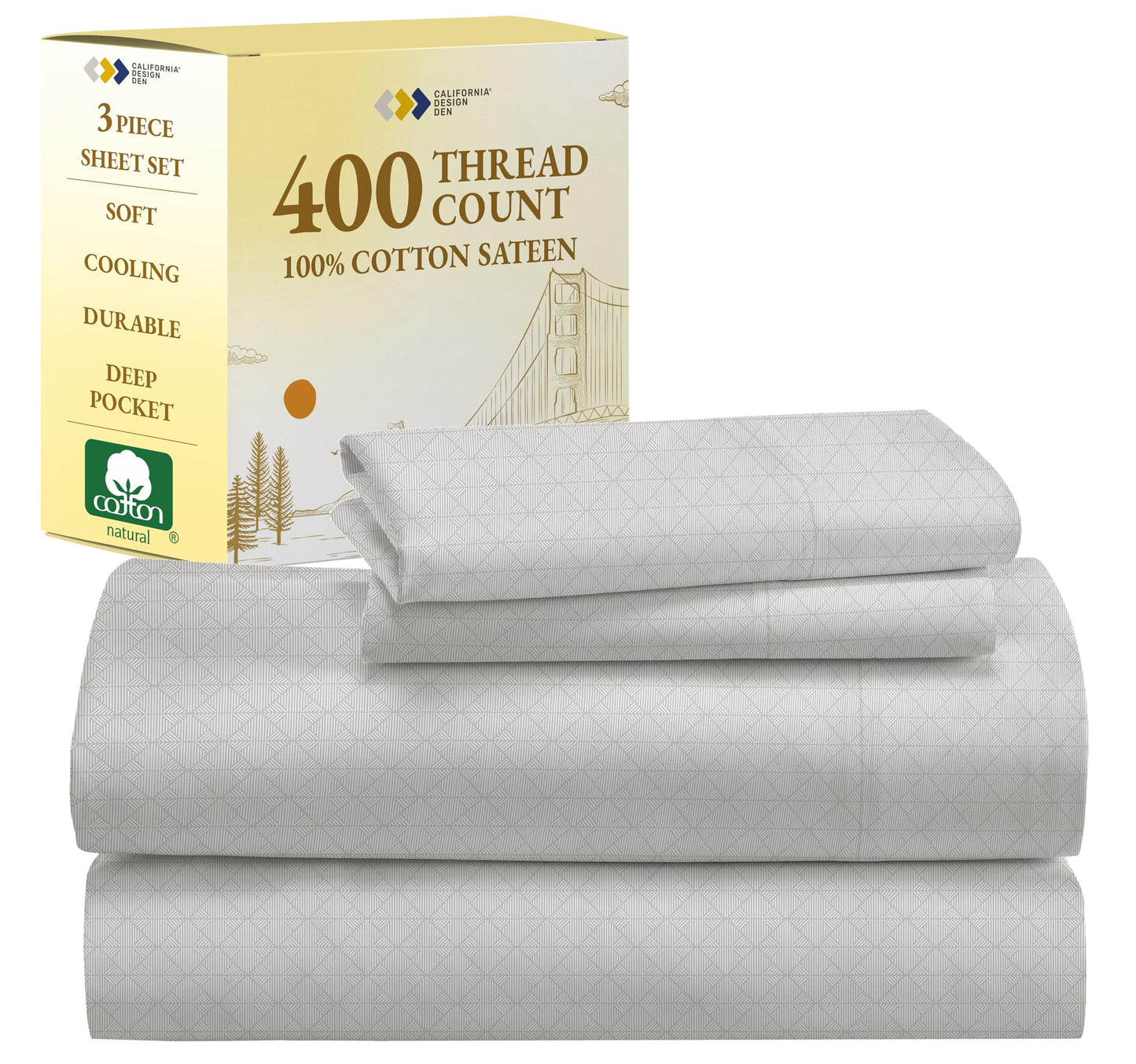 California Design Den Twin Size Sheet Set, 400 Thread Count, 100% Cotton Sateen 3 Pc Deep Pocket Twin Sheets & Pillowcase Set (Taupish-Sage Crosshatch)