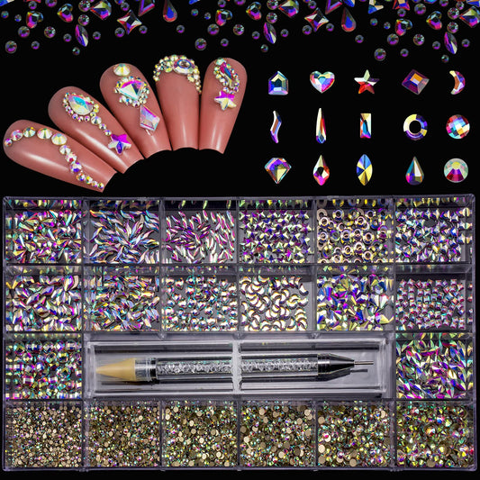 Nail Art Rhinestones Kit HUETFAT 8400pcs Multi Shapes Glass Crystal AB Nail Stones Nail Jewels Flatback Nail Gems Rhinestones Packaged in Diamond Storage Box With Wax Pen for Nail Art Craft