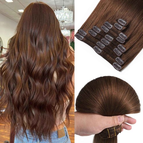 Clip in Hair Extensions Chocolate Brown 100% Human Hair Straight Hair Extensions Clip in Extensions Real Human Hair Chocolate Brown Color #4 Hair Clip ins for Women 14 Inch 8pcs 120g