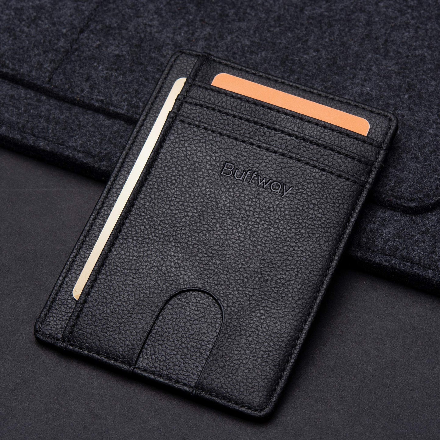 Buffway Slim Minimalist Front Pocket RFID Blocking Leather Wallets for Men and Women - Lichee Black