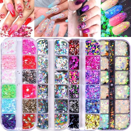 Nail Glitter Sequins Set, Laser Butterfly Star Chunky Glitter Flakes Nail Sequin Acrylic Paillettes, Holographic Nail Polish Sparkle Nail Glitters for Acrylic Nails Makeup Resin Mold (4 Styles)