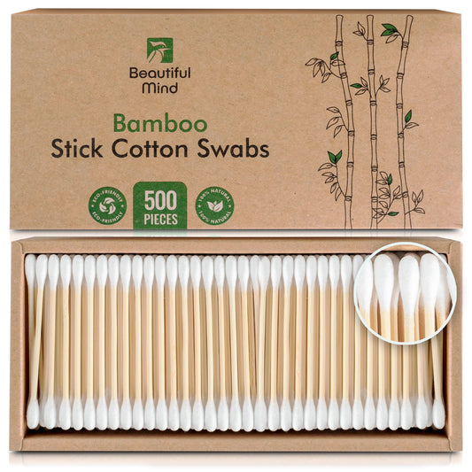 Improved 2.0 - Bamboo Cotton Swabs – Value Pack of 500 – Eco-Friendly, Biodegradable – Vegan, Non Plastic Qtips– Kraft Paper Box (Drawer Box)