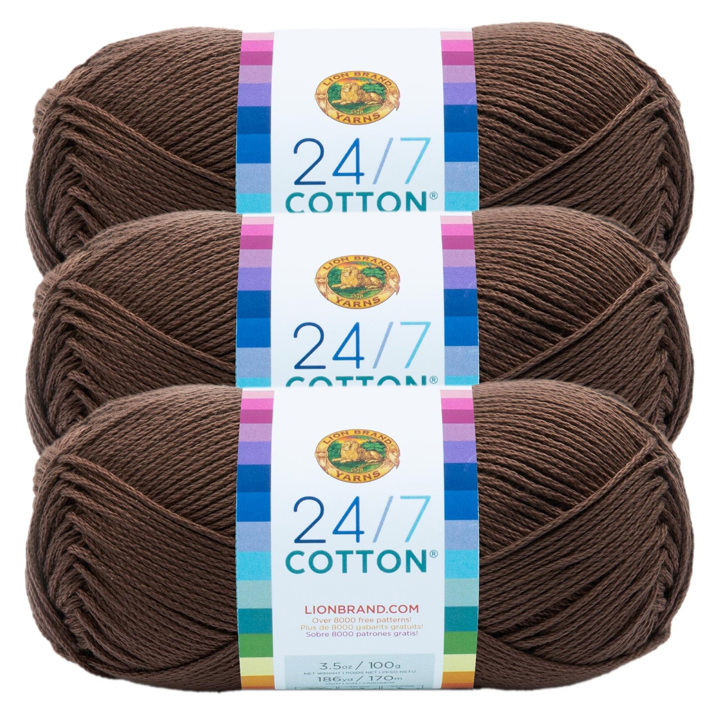 Lion Brand 24/7 Cotton Yarn, Yarn for Knitting, Crocheting, and Crafts, Café Au Lait, Pack of 3