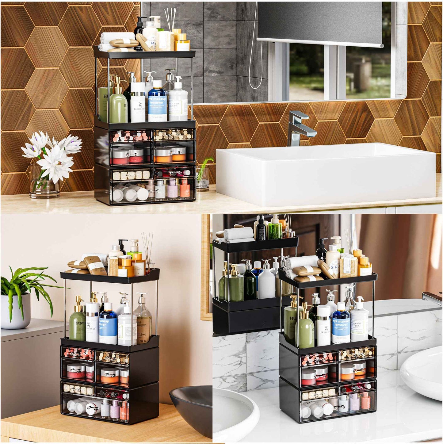 3 Pack Bathroom Organizers and Storage Countertop With 7 Drawers,Stackable Vanity Drawer Organizer for Makeup,18.9" Tall Large Capacity Skincare Organizer and Exquisite Makeup Organizer,Black