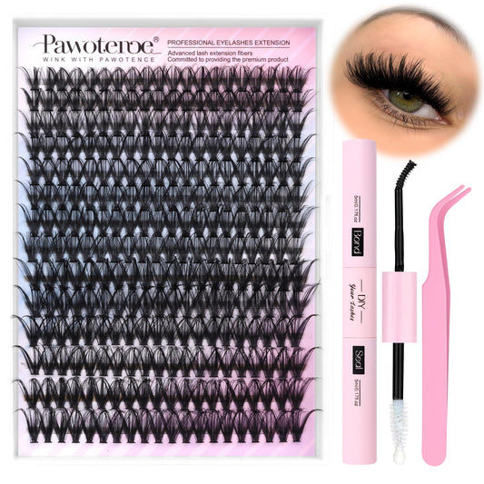 Pawotence Lash Extension Kit DIY 40D 12-18mm Individual Lash Clusters Kit 280pcs Cluster Eyelash Extensions Kit with Lash Bond and Seal, Lash Tweezers for Self Application (Long 40D, 12-18mm, Kit)