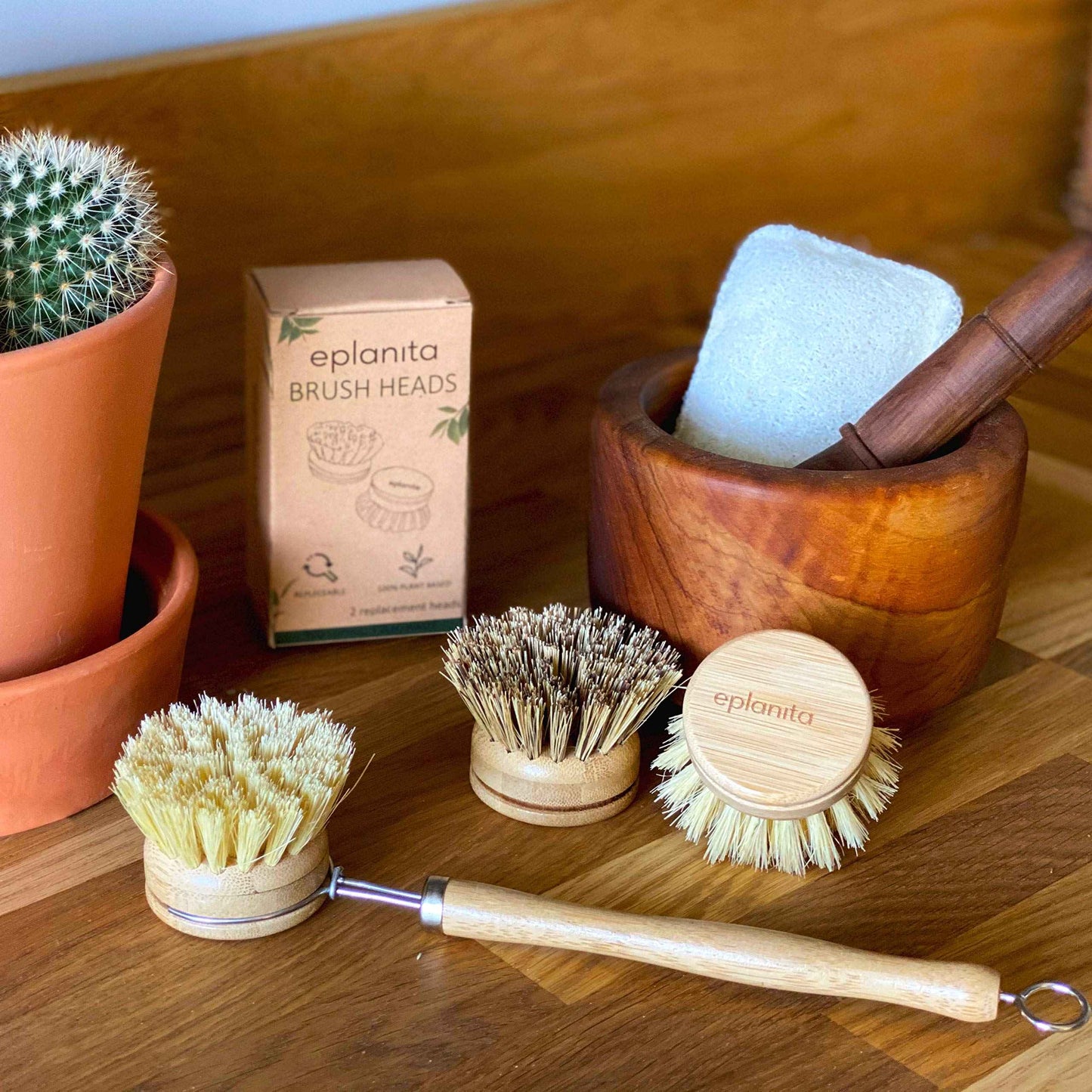 eplanita Replacement Brush Heads (Pack of 4) for Bamboo Dish Brush, Sisal Bristle Refills, Agave Cactus Fibres, Kitchen Eco Scrubber, Plastic Free Washing Up, Zero Waste Cleaning