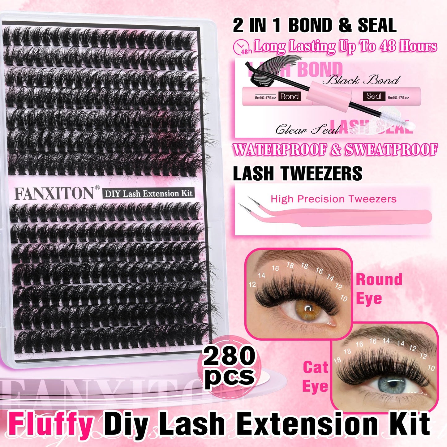 FANXITON Fluffy Lash Clusters with Lash Bond and Seal Waterproof, 10-18 mm D Curl Volume Lash Extension Kit 280 pcs Individual Lashes Lash Clusters Kit and Tweezers Thick DIY Eyelash Extension Kit