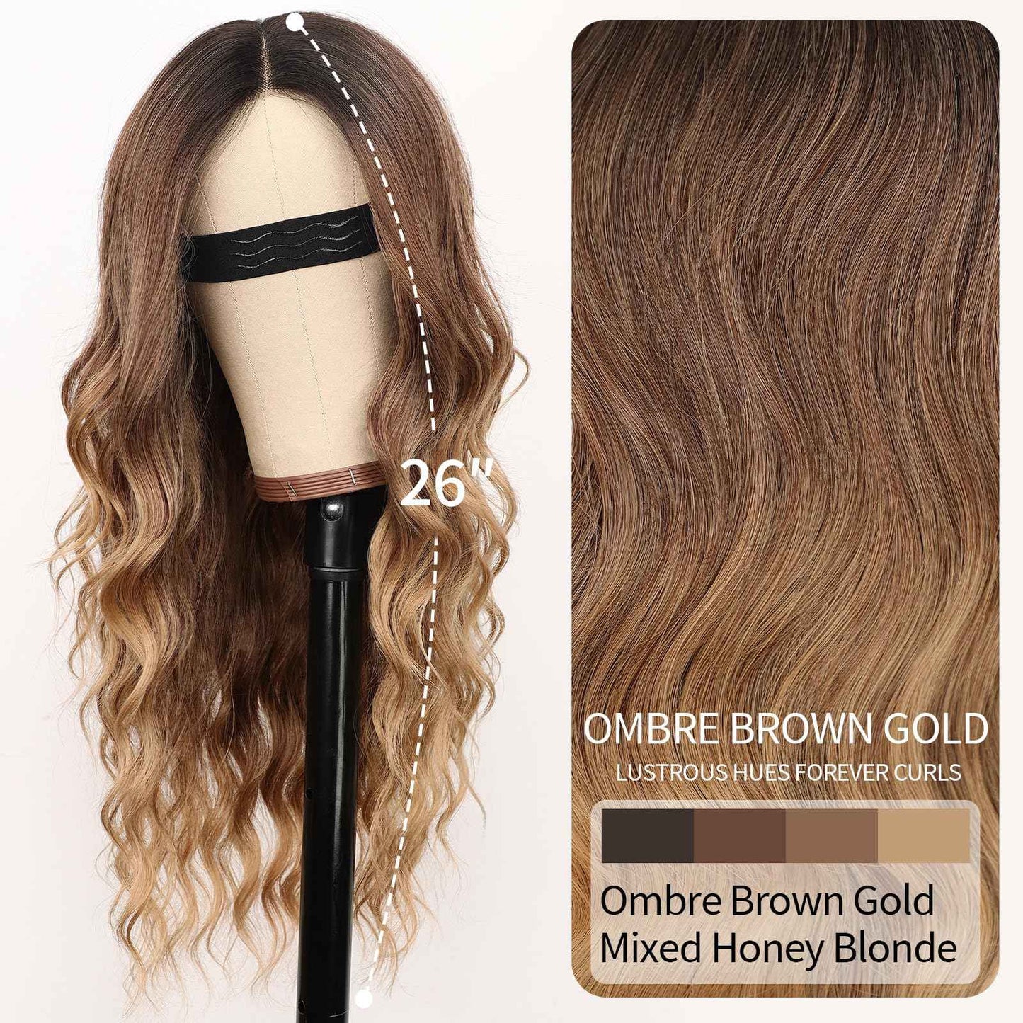 Nnzes Long Ombre Brown Gold Mixed Honey Blonde Wavy Wig 4x1 Lace Natural Hairline Middle Part Curly Heat-Resistant Synthetic Fiber for Women & Beginners Daily Party Use 26In