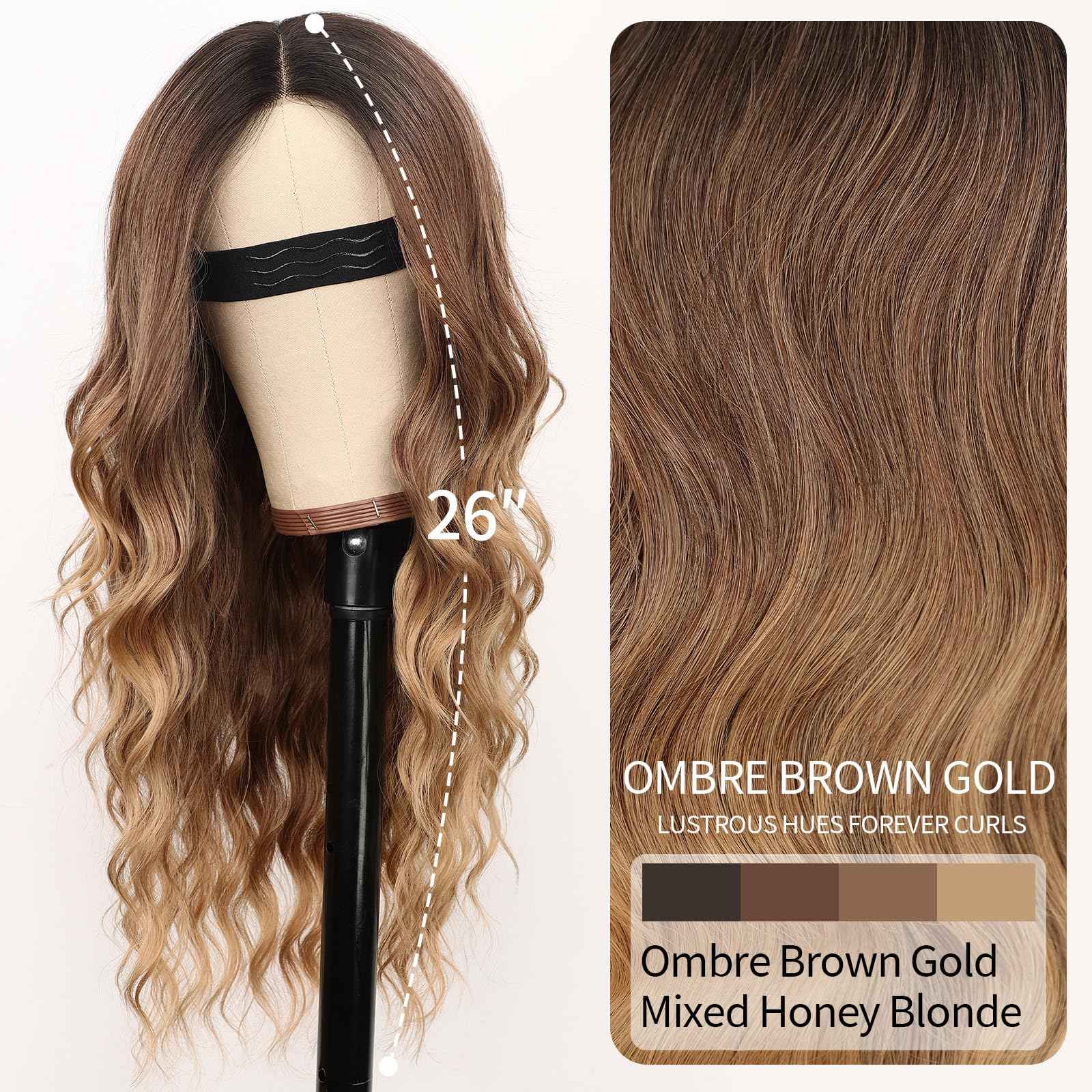 Nnzes Long Ombre Brown Gold Mixed Honey Blonde Wavy Wig 4x1 Lace Natural Hairline Middle Part Curly Heat-Resistant Synthetic Fiber for Women & Beginners Daily Party Use 26In