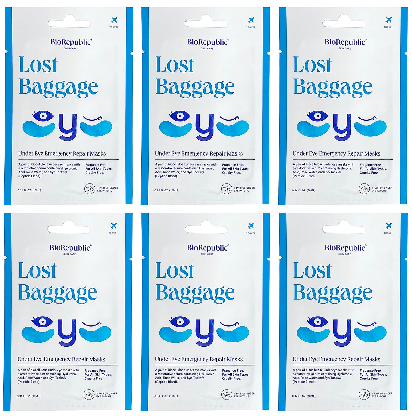 BioRepublic Skin Care Lost Baggage Biocellulose Under-Eye Emergency Repair Masks with Revitalizing Serum, for All Skin Types - 1 Pair, Pack of 6