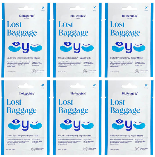 BioRepublic Skin Care Lost Baggage Biocellulose Under-Eye Emergency Repair Masks with Revitalizing Serum, for All Skin Types - 1 Pair, Pack of 6