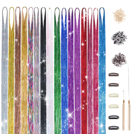 DOORES Hair Tinsel Kit with Tools, Tinsel Hair Extensions 16 Colors 48 Inch 3200 Strands, Colorful Hair Tinsel Stylable Fairy Hair Tinsel for Christmas Halloween Cosplay Party Sparkling Shiny