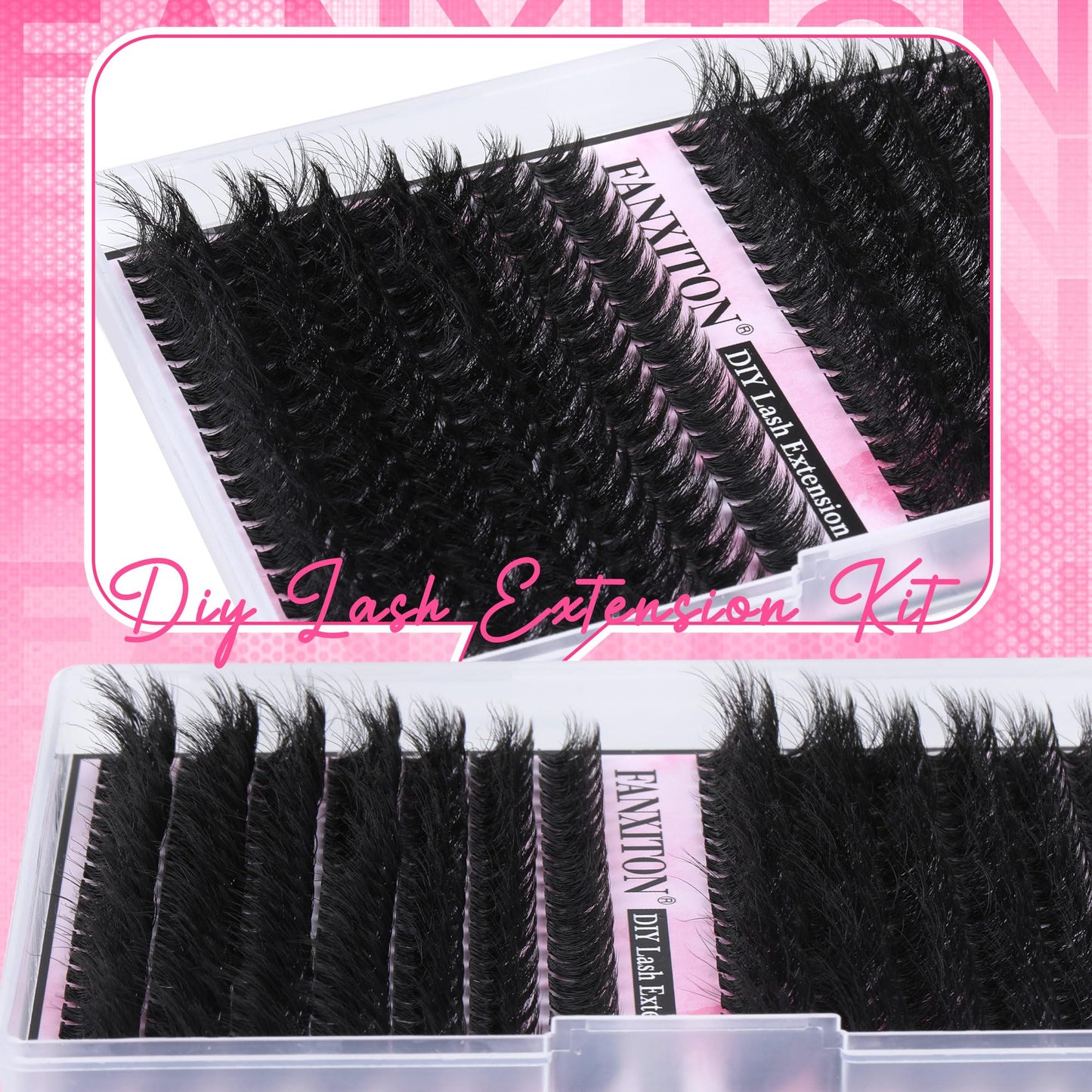 FANXITON Fluffy Lash Clusters with Lash Bond and Seal Waterproof, 10-18 mm D Curl Volume Lash Extension Kit 280 pcs Individual Lashes Lash Clusters Kit and Tweezers Thick DIY Eyelash Extension Kit