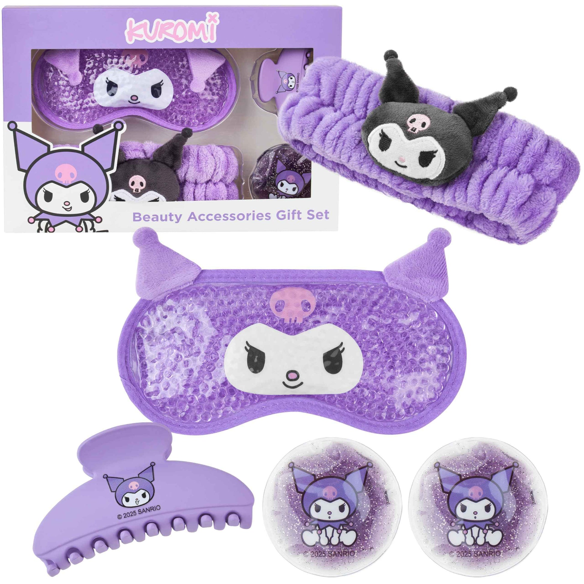 Hello Kitty Sanrio Kuromi Beauty Set for Women, Teens with Cooling Gel Eye Mask, Plush Skincare Headband, Claw Clip, Eye Pads, Kawaii Gifts for Women (Purple Kuromi)