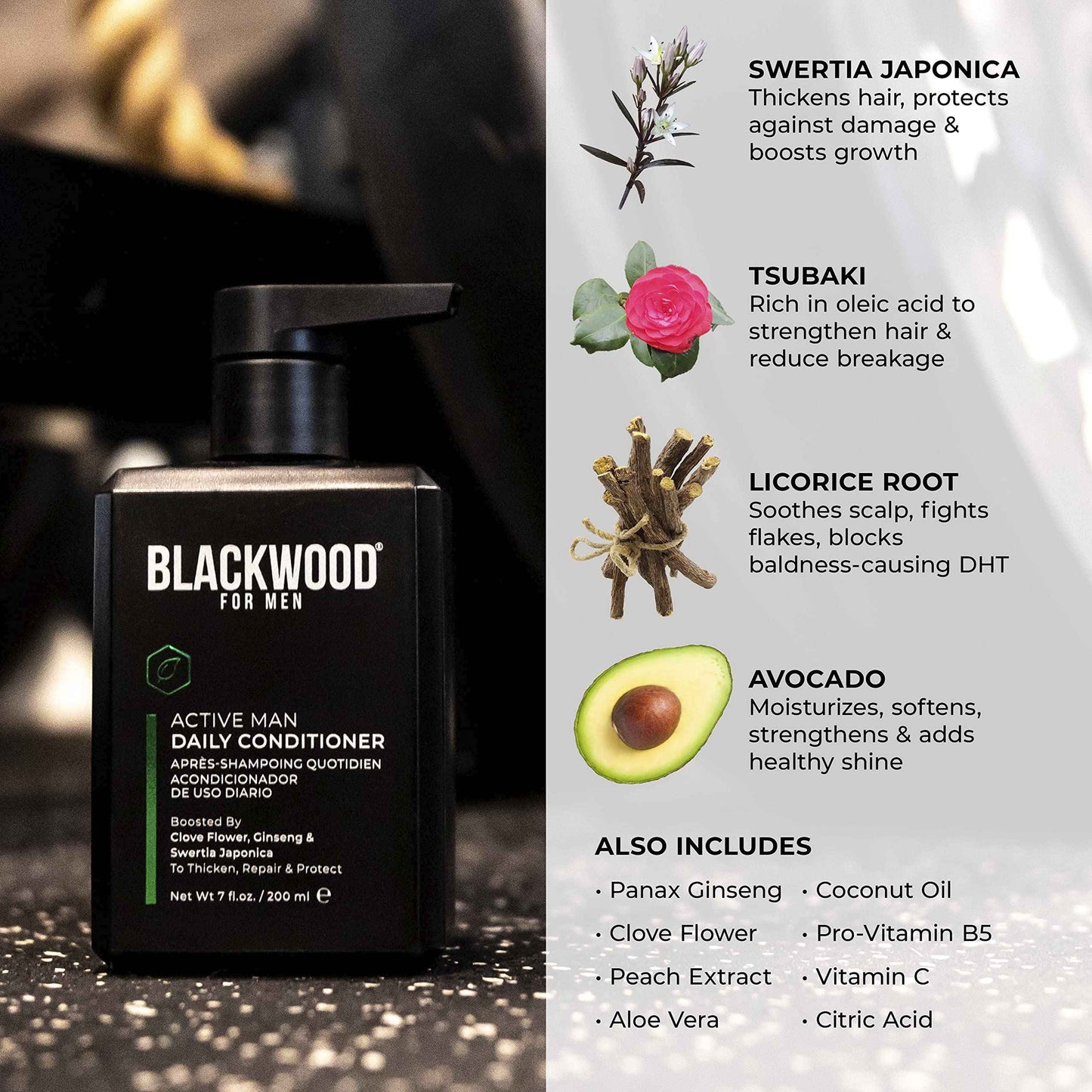 Blackwood For Men Active Man Daily Shampoo (7 Oz), Conditioner (7 Oz), & Pure Moisture Body Wash (17 Oz) Bundle - Men's Thickening Formula for Hair Loss & Dandruff - Sulfate, Paraben, & Cruelty Free